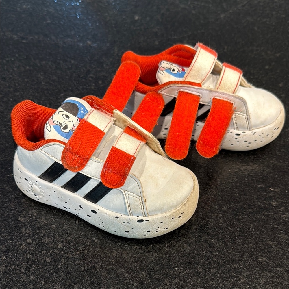 Adidas White and Red Velcro Strap Sneakers, Dalmatian, 7.5 Toddler